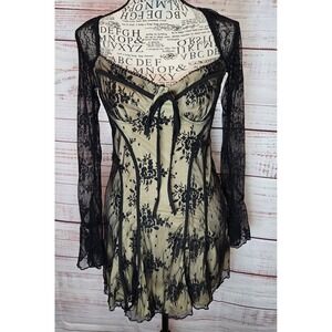 Coquette Women Black Lace Long Sleeve Mini Dress Nude Lining Size Med 6